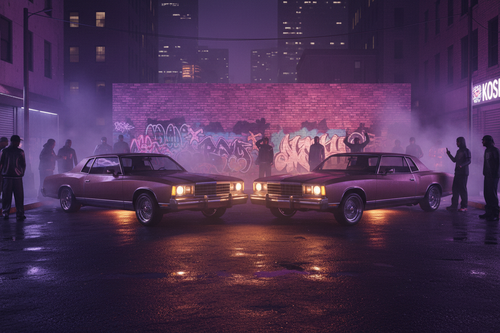 Urban trap night scene with two old school Monte Carlos parked in a V shape on a neon-lit city street